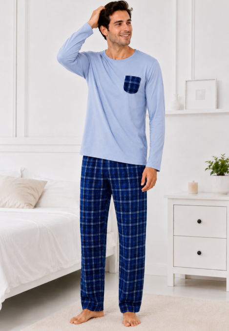Pijama barbati Serena cu maneca lunga si pantalon lung-Bleu,Engros